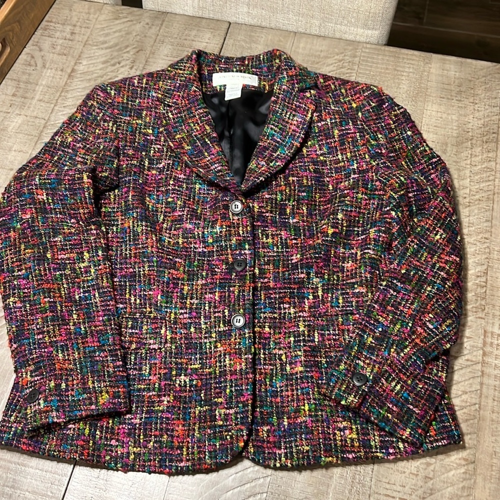 JONES NEW YORK TWEED MULTICOLOR BLAZER JACKET SIZE 14P WOOL ACRYLIC BLEND EUC